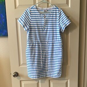 Tommy Bahama Johanna White and Blue Striped Drawstring Short Sleeve Dress